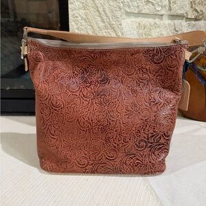 Consuela Embossed Floral Tan Leather Shoulder Bag